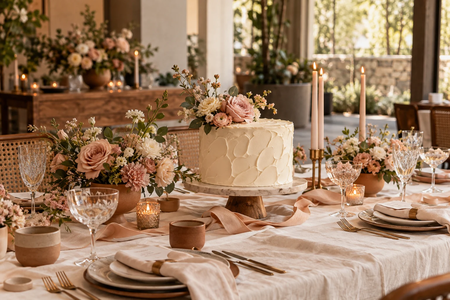 Mesa de celebração com bolo, flores e velas, em uma composição ilustrativa.